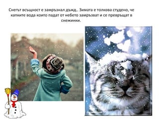 Снегът всъщност е замръзнал дъжд.. Зимата е толкова студено, че
капките вода които падат от небето замръзват и се превръщат в
снежинки.

 
