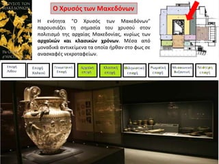 Ο Χρυςόσ των Μακεδόνων
Η ενότθτα "Ο Χρυςόσ των Μακεδόνων"
παρουςιάηει τθ ςθμαςία του χρυςοφ ςτον
πολιτιςμό τθσ αρχαίασ Μακεδονίασ, κυρίωσ των
αρχαϊκών και κλαςικών χρόνων. Μζςα από
μοναδικά αντικείμενα τα οποία ιρκαν ςτο φωσ ςε
αναςκαφζσ νεκροταφείων.

 