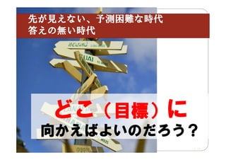 先が見えない、予測困難な時代
答えの無い時代

どこ（目標）に
向かえばよいのだろう？
9
13:17

 