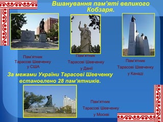 Вшанування пам’яті великого
Кобзаря.

Пам’ятник
Тарасові Шевченку
у США

Пам’ятник
Тарасові Шевченку

Пам’ятник

у Данії

Тарасові Шевченку

За межами України Тарасові Шевченку
встановлено 28 пам’ятників.

Пам’ятник
Тарасові Шевченку
у Москві

у Канаді

 
