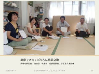 ⾞車車座でざっくばらんに意⾒見見交換
多様な参加者：⾃自治会、保護者、⾏行行政関係者、⼦子ども⽀支援団体
2013/12/13

⼦子どもの居場所づくりとコミュニティ形成

11

 