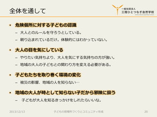 全体を通して
•  危険個所に対する⼦子どもの認識識
–  ⼤大⼈人とのルールを守ろうとしている。
–  刷り込まれているだけ。体験的にはわかっていない。

•  ⼤大⼈人の⽬目を気にしている
–  やりたい気持ちより、⼤大⼈人を気にする気持ちの⽅方が強い。
–  地域の⼤大⼈人の⼦子どもとの関わり⽅方を変える必要がある。

•  ⼦子どもたちを取り巻く環境の変化  
–  被災の影響、地域の⼈人を知らない…

•  地域の⼤大⼈人が時として知らない⼦子だから邪険に扱う
–    ⼦子どもが⼤大⼈人を知るきっかけをしれたらいいな。
2013/12/13

⼦子どもの居場所づくりとコミュニティ形成

20

 