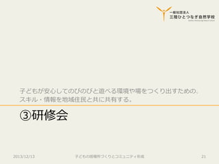 ⼦子どもが安⼼心してのびのびと遊べる環境や場をつくり出すための、
スキル・情報を地域住⺠民と共に共有する。

③研修会
2013/12/13

⼦子どもの居場所づくりとコミュニティ形成

21

 
