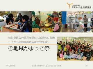検討委員会の意⾒見見を受けて試⾏行行的に実施
〜～⼦子どもと地域の⼤大⼈人が出会う場〜～

④地域かまっこ祭
2013/12/13

⼦子どもの居場所づくりとコミュニティ形成

28

 