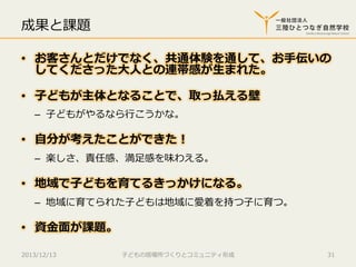 成果と課題
•  お客さんとだけでなく、共通体験を通して、お⼿手伝いの
してくださった⼤大⼈人との連帯感が⽣生まれた。
•  ⼦子どもが主体となることで、取っ払える壁
–  ⼦子どもがやるなら⾏行行こうかな。

•  ⾃自分が考えたことができた！
–  楽しさ、責任感、満⾜足感を味わえる。

•  地域で⼦子どもを育てるきっかけになる。
–  地域に育てられた⼦子どもは地域に愛着を持つ⼦子に育つ。

•  資⾦金金⾯面が課題。
2013/12/13

⼦子どもの居場所づくりとコミュニティ形成

31

 