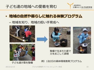 ⼦子ども達の地域への愛着を育む
•  地域の⾃自然や暮らしに触れる体験プログラム
–  地域を知り、地域の担い⼿手育成へ

整備で⽣生まれた薪で
⽕火をおこして調理理
⼦子ども達が森を整備
2013/12/13

例例）1泊2⽇日の森林林環境教育プログラム

子どもの居場所づくりとコミュニティ形成

33

 