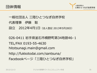 団体情報
⼀一般社団法⼈人  三陸陸ひとつなぎ⾃自然学校
代表理理事 　伊藤 　聡
設⽴立立 　2012年年4⽉月1⽇日（法⼈人登記  2013年年5⽉月28⽇日）
026-‐‑‒0411  岩⼿手県釜⽯石市橋野町第34地割46-‐‑‒１
TEL/FAX  0193-‐‑‒55-‐‑‒4630
hitotsunagi.main@gmail.com
http://fukkotodai.com/santsuna/
Facebookページ「三陸陸ひとつなぎ⾃自然学校」
2013/12/13

⼦子どもの居場所づくりとコミュニティ形成

35

 