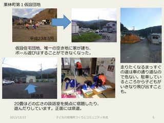 栗栗林林町第１仮設団地

現在

平成23年年5⽉月
仮設住宅宅団地、唯⼀一の空き地に家が建ち、
ボール遊びはすることができなくなった。

⾛走りたくなるまっすぐ
の道は⾞車車の通り道なの
で危ない。駐⾞車車してい
るところから⼦子どもが
いきなり⾶飛び出すこと
も。

談話室
20畳ほどの広さの談話室を拠点に宿題したり、
遊んだりしています。正⾯面には県道。
2013/12/13

⼦子どもの居場所づくりとコミュニティ形成

5

 