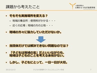 課題から考えたこと
•  そもそも実施場所を変える？
–  地域の集会所：使⽤用料料がかかる・・・
–  近くの広場：地域の⽅方の⼟土地・・・

•  地域の⽅方々に協⼒力力していただけないか。

•  当団体だけでは解決できない問題なのでは？
•  「⼦子どもは地域の宝」だといいながらも、
地域は⼦子どものことを考える余裕がない。
•  しかし、⼦子どもにとって、⼀一⽇日⼀一⽇日が⼤大切切。
2013/12/13

⼦子どもの居場所づくりとコミュニティ形成

7

 