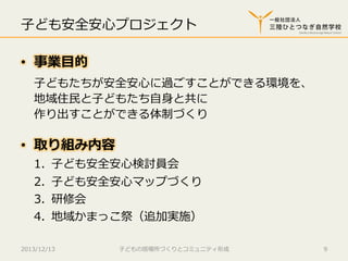 ⼦子ども安全安⼼心プロジェクト
•  事業⽬目的
⼦子どもたちが安全安⼼心に過ごすことができる環境を、
地域住⺠民と⼦子どもたち⾃自⾝身と共に
作り出すことができる体制づくり

•  取り組み内容

1.  ⼦子ども安全安⼼心検討員会
2.  ⼦子ども安全安⼼心マップづくり
3.  研修会
4.  地域かまっこ祭（追加実施）

2013/12/13

⼦子どもの居場所づくりとコミュニティ形成

9

 