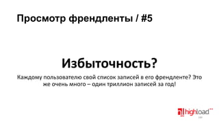 Просмотр френдленты / #5

Избыточность?
Каждому пользователю свой список записей в его френдленте? Это
же очень много – один триллион записей за год!

140

 