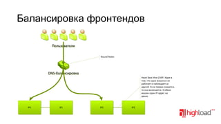 Балансировка фронтендов
Пользователи
Пользователи
Round-Robin

DNS-балансировка
DNS-балансировка
Heart Beat Или CARP. Идея в
том, что одна машинка не
работает и наблюдает за
другой. Если первая ломается,
то она включается. У обеих
машин один IP-адрес на
двоих.

IP1

IP1

IP2

IP2

 
