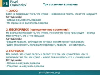 Три состояния компании
1. ХАОС:
Если не происходит того, что нужно – невозможно понять, кто и что нарушил!
Сотрудникам:
-Страшно выполнять правила
-Не страшно не выполнять правила
2. БЕСПОРЯДОК (промежуточное состояние):
Не всегда происходит то, что нужно. Но если что-то не происходит – всегда
можно узнать кто и что нарушил!
Сотрудникам:
-Вводим правила, соблюдение которых можем проконтролировать
-Даём возможность желающим соблюдать правила – их соблюдать.
3. ПОРЯДОК:
Все знают, что нужно делать и делают это так, как нужно! Если что-то
происходит не так, как нужно – можно точно сказать, кто и что нарушил!
Сотрудникам:
-Страшно нарушать правила
-Радостно не нарушать правила