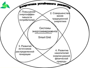 1. Повышение
энергоэффективности
потребителей

2. Совершенствование
традиционной
энергетики

Системы
энергоменеджмента
Smart Grid
3. Развитие
источников
распределенной
генерации

4. Развитие
накопителей
энергии разной
физической
природы

 