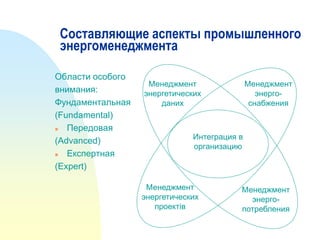 Составляющие аспекты промышленного
энергоменеджмента
Области особого
внимания:
Фундаментальная
(Fundamental)

Передовая
(Advanced)

Експертная
(Expert)

Менеджмент
энергетических
даних

Менеджмент
энергоснабжения

Интеграция в
организацию

Менеджмент
энергетических
проектів

Менеджмент
энергопотребления

 