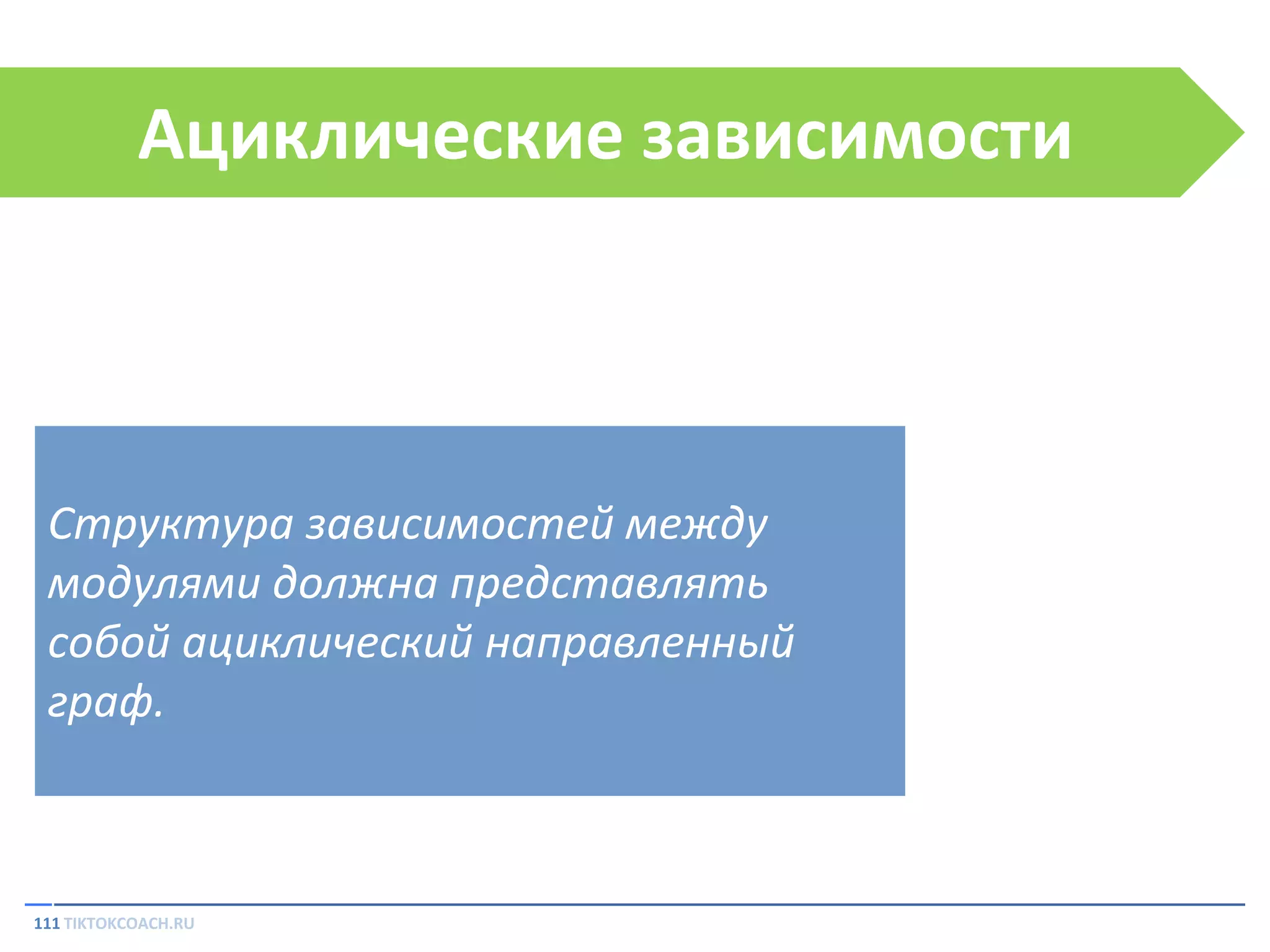 Ациклические зависимости

Структура зависимостей между
модулями должна представлять
собой ациклический направленный
граф.

111 TIKTOKCOACH.RU

 