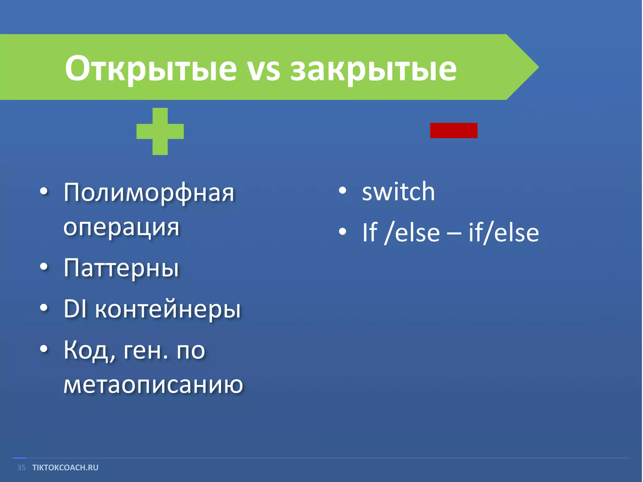 Открытые vs закрытые
• Полиморфная
операция
• Паттерны
• DI контейнеры
• Код, ген. по
метаописанию
35 TIKTOKCOACH.RU

• switch
• If /else – if/else

 