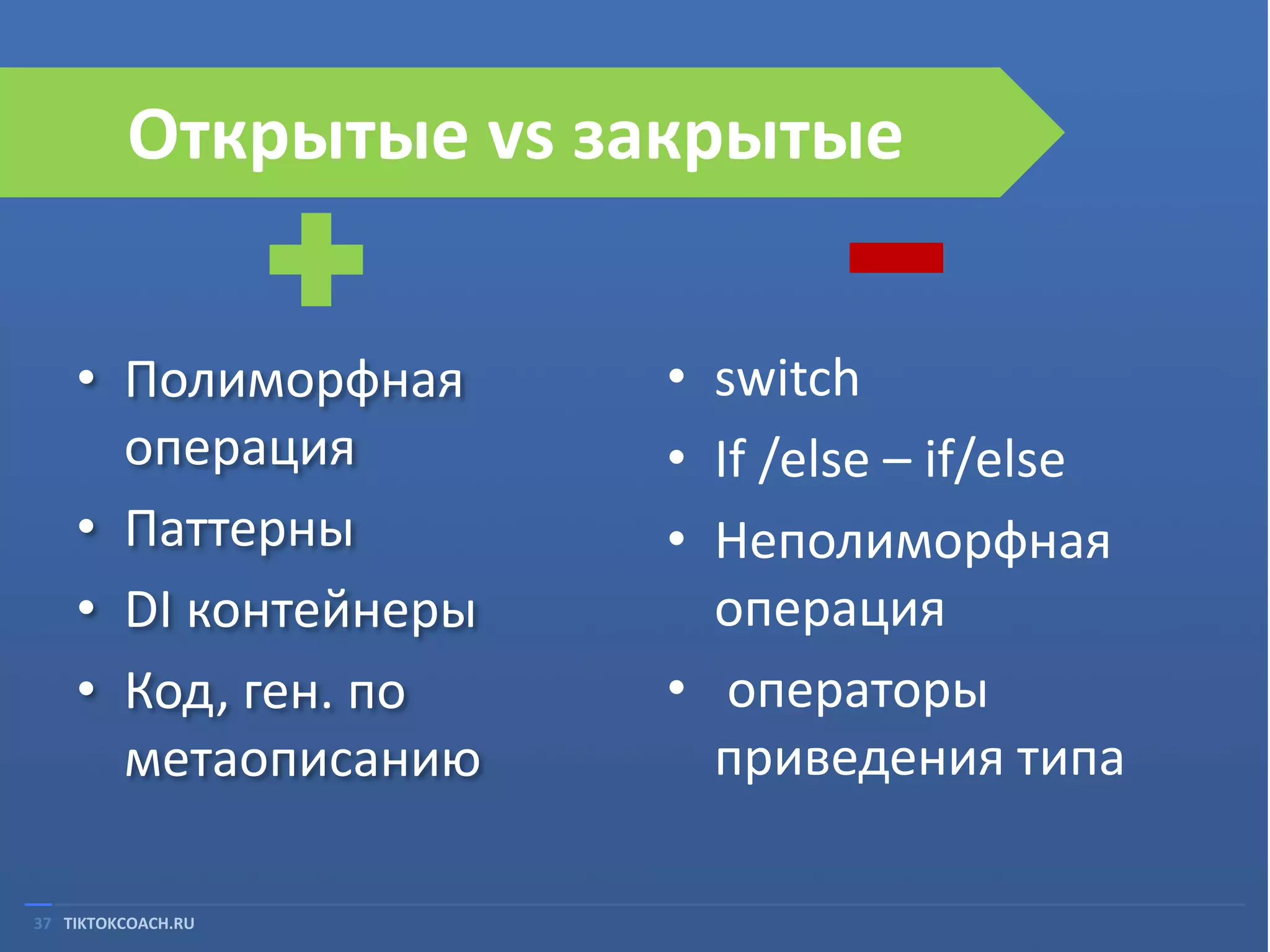 Открытые vs закрытые
• Полиморфная
операция
• Паттерны
• DI контейнеры
• Код, ген. по
метаописанию
37 TIKTOKCOACH.RU

• switch
• If /else – if/else
• Неполиморфная
операция
• операторы
приведения типа

 