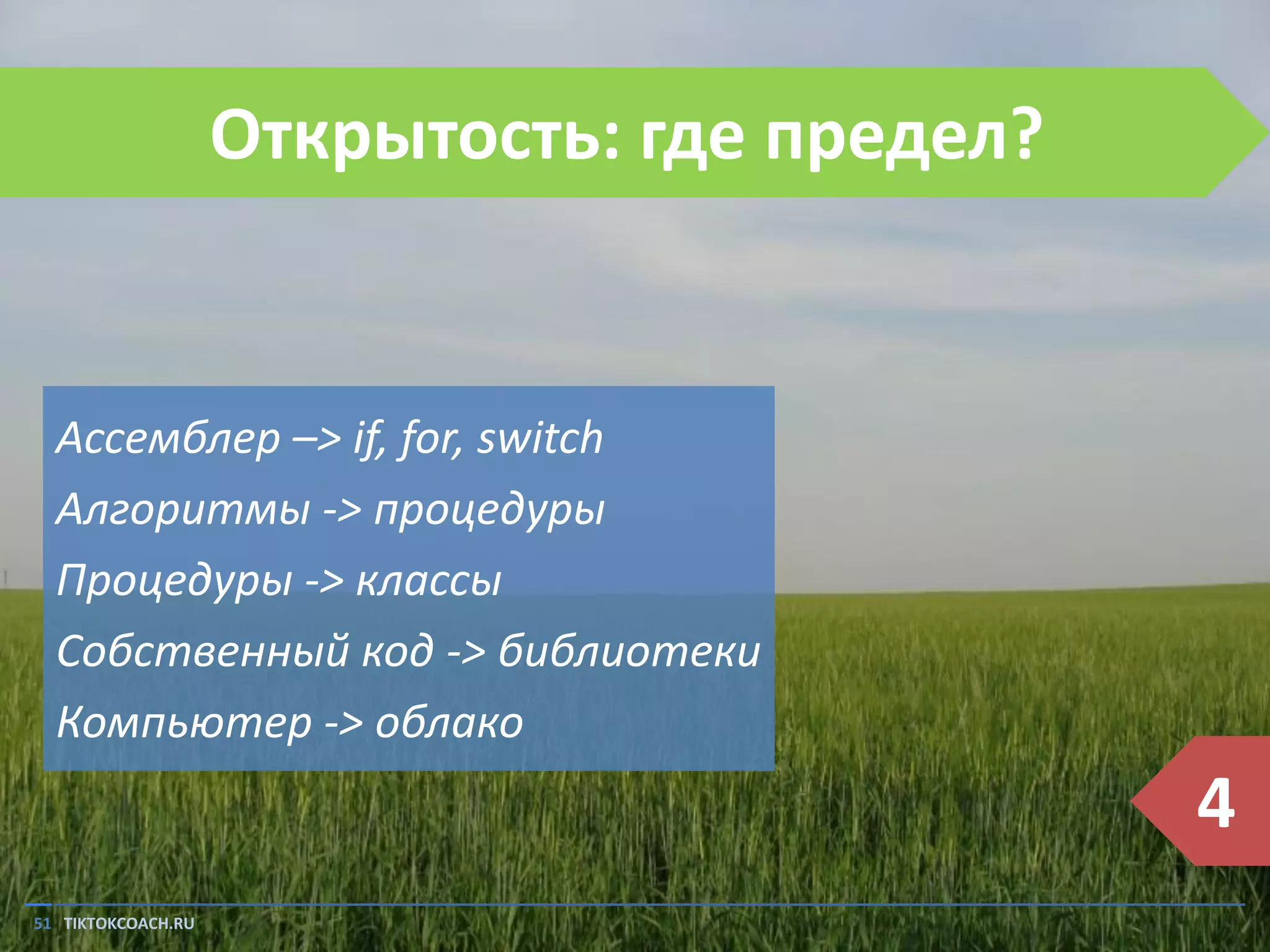 Открытость: где предел?

Ассемблер –> if, for, switch
Алгоритмы -> процедуры
Процедуры -> классы
Собственный код -> библиотеки
Компьютер -> облако

4
51 TIKTOKCOACH.RU

 