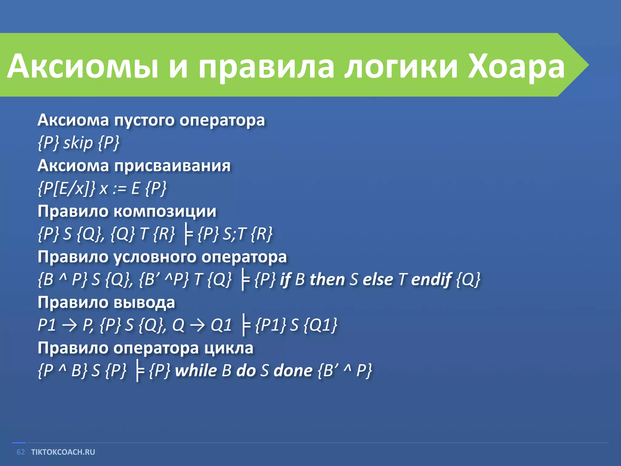Аксиомы и правила логики Хоара
Аксиома пустого оператора
{P} skip {P}
Аксиома присваивания
{P[E/x]} x := E {P}
Правило композиции
{P} S {Q}, {Q} T {R} ╞ {P} S;T {R}
Правило условного оператора
{B ^ P} S {Q}, {B’ ^P} T {Q} ╞ {P} if B then S else T endif {Q}
Правило вывода
P1 → P, {P} S {Q}, Q → Q1 ╞ {P1} S {Q1}
Правило оператора цикла
{P ^ B} S {P} ╞ {P} while B do S done {B’ ^ P}

62 TIKTOKCOACH.RU

 