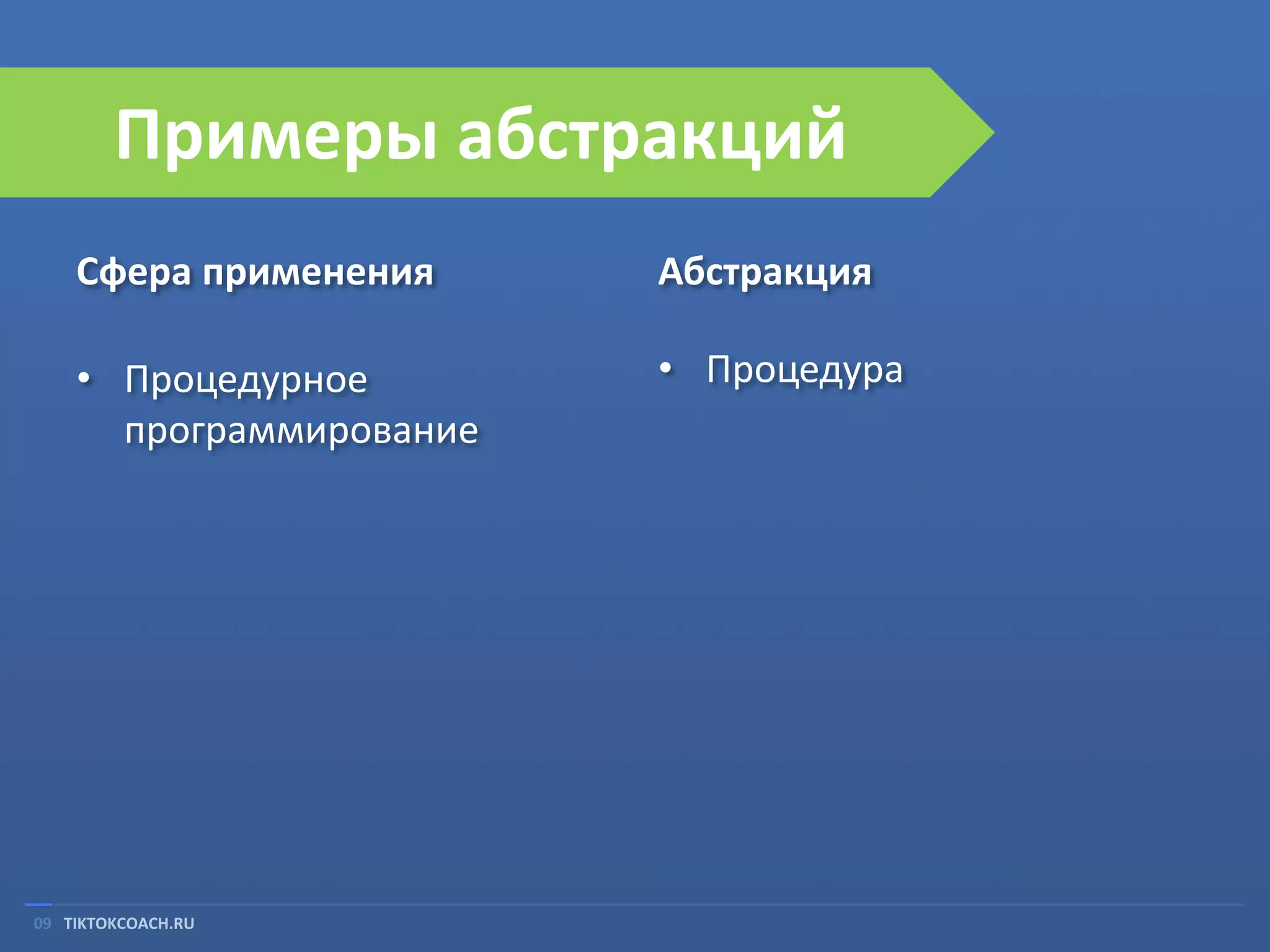 Примеры абстракций
Сфера применения

Абстракция

• Процедурное
программирование

• Процедура

09 TIKTOKCOACH.RU

 