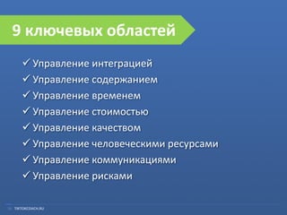 9 ключевых областей
 Управление интеграцией
 Управление содержанием
 Управление временем
 Управление стоимостью
 Управление качеством
 Управление человеческими ресурсами
 Управление коммуникациями
 Управление рисками
26 TIKTOKCOACH.RU

 