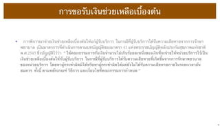 การขอรับเงินช่วยเหลือเบื้องต้น

•    การพิจารณาจ่ายเงินช่วยเหลือเบื้องต้นให้แก่ผู้รับบริการ  ในกรณีที่ผู้รับบริการได้รับความเสียหายจากการรักษา
พยาบาล  เป็นมาตรการที่ดําเนินการตามบทบัญญัติของมาตรา 41 แห่งพระราชบัญญัติหลักประกันสุขภาพแห่งชาติ
พ.ศ.2545 ซึ่งบัญญัติไว้ว่า  “ ให้คณะกรรมการกันเงินจํานวนไม่เกินร้อยละหนึ่งของเงินที่จะจ่ายให้หน่วยบริการไว้เป็น
เงินช่วยเหลือเบื้องต้นให้กับผู้รับบริการ  ในกรณีที่ผู้รับบริการได้รับความเสียหายที่เกิดขึ้นจากการรักษาพยาบาล
ของหน่วยบริการ  โดยหาผู้กระทําผิดมิได้หรือหาผู้กระทําผิดได้แต่ยังไม่ได้รับความเสียหายภายในระยะเวลาอัน
สมควร  ทั้งนี้ ตามหลักเกณฑ์ วิธีการ และเงื่อนไขที่คณะกรรมการกําหนด ”

18

 