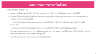 คณะกรรมการประกันสังคม
• อํานาจหน้าทีี่ (มาตรา ๙)
• เสนอความเห็นต่อรัฐมนตรีเกี่ยวกับนโยบายและมาตรการในการประกันสังคมตามพระราชบัญญัตินี้
• พิจารณาให้ความเห็นต่อรัฐมนตรีในการตราพระราชกฤษฎีกา การออกกฏกระทรวง และระเบียบต่างๆ เพื่อการ
ดําเนินการตามพระราชบัญญัตินี้
• วางระเบียบโดยความเห็นชอบของกระทรวงการคลังเกี่ยวกับการรับเงิน การจ่ายเงิน และการเก็บรักษาเงิน
ของกองทุน
• วางระเบียบโดยความเห็นชอบของกระทรวงการคลังเกี่ยวกับการจัดหาผลประโยชน์ของกองทุน
• พิจารณางบดุลและรายงานการรับจ่ายเงินของกองทุน และรายงานผลการ้ปฏิบัติงานประจําปีของสํานักงานในส่วน
ที่เกี่ยวกับการประกันสังคมตามพระราชบัญญัตินี้
• ให้คําปรึกษาและแนะนําอื่นแก่กรรมการอื่นหรือสํานักงาน

27

 