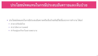 ประโยชน์ทดแทนในกรณีประสบอันตรายและเจ็บป่วย

• ประโยชน์ทดแทนในกรณีประสบอันตรายหรือเจ็บป่วยอันมิใช่เนื่องจากการทํางาน ได้แก่
• ค่าตรวจวินิจฉัยโรค
• ค่าบําบัดทางการแพทย์
• ค่ากินอยู่และรักษาในสถานพยาบาล

31

 