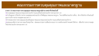 คณะกรรมการควบคุมคุณภาพและมาตรฐาน
มาตรา 50 คณะกรรมการควบคุมคุณภาพและมาตรฐานมีอํานาจหน้าที่ ดังต่อไปนี้
•ควบคุมคุณภาพและมาตรฐานหน่วยบริการและเครือข่ายหน่วยบริการตามมาตรา 45
•กํากับดูแลการให้บริการสาธารณสุขของหน่วยบริการให้มีคุณภาพและมาตรฐาน ในกรณีที่หน่วยบริการนั้นๆ มีการให้บริการในส่วนที่
สูงกว่าบริการสาธารณสุขตามมาตรา 5
•กําหนดมาตรการควบคุมและส่งเสริมคุณภาพและมาตรฐานหน่วยบริการและเครือข่ายหน่วยบริการ
•เสนอแนะอัตราราคากลางของโรคทุกโรค ต่อคณะกรรมการเพื่อประกอบการวางหลักเกณฑ์กําหนดค่าใช้จ่าย เพื่อบริการสาธารณสุข
ให้แก่หน่วยบริการตามมาตรา 46

12

 