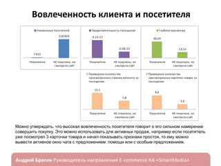 Вовлеченность клиента и посетителя
Уникальных посетителй
218 859

Продолжительность посещения
0:23:57

Глубина просмотра
38,29

0:08:23

13,53

7 422
Покупатели

НЕ покупали, но
смотрели сайт

Покупатели

НЕ покупали, но
смотрели сайт

Примерное количество
просмотренных страниц каталога за
посещение
15,1

Покупатели

НЕ покупали, но
смотрели сайт

Примерное количество
просмотренных карточек товара за
посещение

9,6
7,8
3,6

Покупатели

НЕ покупали, но
смотрели сайт

Покупатели

НЕ покупали, но
смотрели сайт

Можно утверждать, что высокая вовлеченность посетителя говорит о его сильном намерении
совершить покупку. Это можно использовать для активных продаж, например если посетитель
уже посмотрел 3 карточки товара и начал показывать признаки простоя, то ему можно
вывести активное окно чата с предложением помощи или с особым предложением.

ндрей Брагин

E-commerce

«SmartMedia»

 