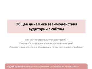 Общая динамика взаимодействия
аудитории с сайтом
Как сайт воспринимается аудиторией?
Какова общая тенденция поведенческих метрик?
Отличается ли поведение аудитории у разных источников трафика?

ндрей Брагин

E-commerce

«SmartMedia»

 