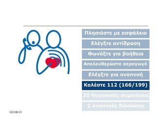 Πλησιάστε με ασφάλεια
Ελέγξτε αντίδραση
Φωνάξτε για βοήθεια
Απελευθερώστε αεραγωγό

Ελέγξτε για αναπνοή
Καλέστε 112 (166/199)
30 θωρακικές συμπιέσεις
2 αναπνοές διάσωσης
12/18/13

 