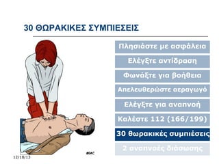 30 ΘΩΡΑΚΙΚΕΣ ΣΥΜΠΙΕΣΕΙΣ
Πλησιάστε με ασφάλεια
Ελέγξτε αντίδραση
Φωνάξτε για βοήθεια
Απελευθερώστε αεραγωγό

Ελέγξτε για αναπνοή
Καλέστε 112 (166/199)
30 θωρακικές συμπιέσεις
2 αναπνοές διάσωσης
12/18/13

 