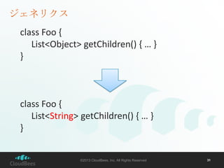 ジェネリクス
class Foo {
List<Object> getChildren() { … }
}

class Foo {
List<String> getChildren() { … }
}

©2013 CloudBees, In...