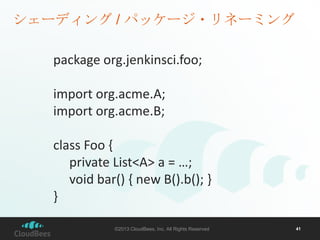 シェーディング / パッケージ・リネーミング
package org.jenkinsci.foo;
import org.acme.A;
import org.acme.B;
class Foo {
private List<A> a = …;...