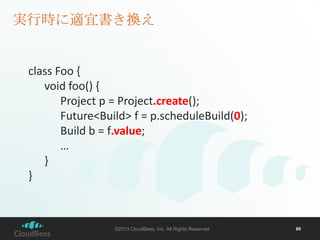 実行時に適宜書き換え

class Foo {
void foo() {
Project p = Project.create();
Future<Build> f = p.scheduleBuild(0);
Build b = f.value...