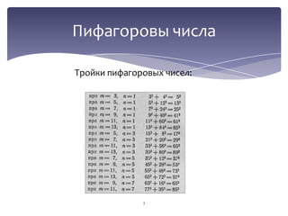 Пифагоровы числа
Тройки пифагоровых чисел:

3

 