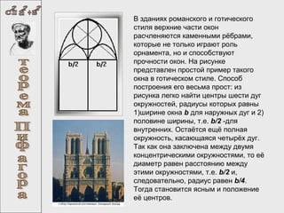 В зданиях романского и готического
стиля верхние части окон
расчленяются каменными рёбрами,
которые не только играют роль
орнамента, но и способствуют
прочности окон. На рисунке
представлен простой пример такого
окна в готическом стиле. Способ
построения его весьма прост: из
рисунка легко найти центры шести дуг
окружностей, радиусы которых равны
1)ширине окна b для наружных дуг и 2)
половине ширины, т.е. b/2 -для
внутренних. Остаётся ещё полная
окружность, касающаяся четырёх дуг.
Так как она заключена между двумя
концентрическими окружностями, то её
диаметр равен расстоянию между
этими окружностями, т.е. b/2 и,
следовательно, радиус равен b/4.
Тогда становится ясным и положение
её центров.

 
