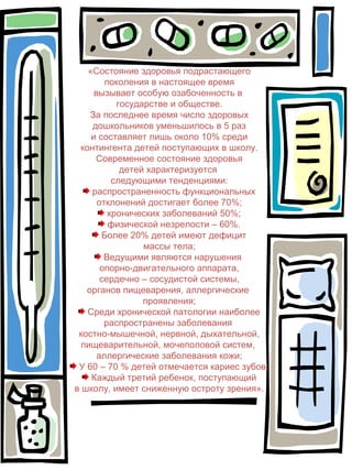 «Состояние здоровья подрастающего
поколения в настоящее время
вызывает особую озабоченность в
государстве и обществе.
За последнее время число здоровых
дошкольников уменьшилось в 5 раз
и составляет лишь около 10% среди
контингента детей поступающих в школу.
Современное состояние здоровья
детей характеризуется
следующими тенденциями:
распространенность функциональных
отклонений достигает более 70%;
хронических заболеваний 50%;
физической незрелости – 60%.
Более 20% детей имеют дефицит
массы тела;
Ведущими являются нарушения
опорно-двигательного аппарата,
сердечно – сосудистой системы,
органов пищеварения, аллергические
проявления;
Среди хронической патологии наиболее
распространены заболевания
костно-мышечной, нервной, дыхательной,
пищеварительной, мочеполовой систем,
аллергические заболевания кожи;
У 60 – 70 % детей отмечается кариес зубов;
Каждый третий ребенок, поступающий
в школу, имеет сниженную остроту зрения».

 