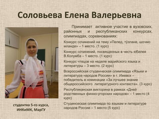 Соловьева Елена Валерьевна
Принимает активное участие в вузовских,
районных и республиканских конкурсах,
олимпиадах, соревнованиях:
Конкурс сочинений на тему «Пелед, тӱзлане, шочмо
мланде» – 1 место. (1 курс)
Конкурс сочинений, посвященных в честь юбилея
В.Колумба – 1 место. (1 курс)
Конкурс чтецов на неделе марийского языка и
литературы – 3 место. (2 курс)

Всероссийская студенческая олимпиада «Языки и
литература народов России» в г. Ижевск –
победитель в номинации «За лучшее знание
общероссийского литературного контекста». (3 курс)
Республиканская викторина в рамках «Дней
родственных финно-угорских народов» – 1 место (4
курс)

студентка 5-го курса,
ИНКиМК, МарГУ

Студенсеская олимпиада по языкам и литературе
народов России – 1 место (5 курс)

 