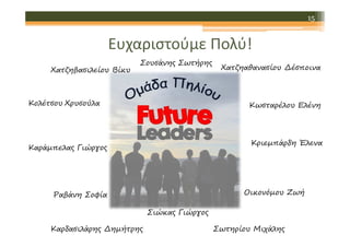 15

Ευχαριστούμε Πολύ!
Χατζηβασιλείου Βίκυ

Σουσάνης Σωτήρης

Κολέτσου Χρυσούλα

Χατζηαθανασίου ∆έσποινα

Κωσταρέλου Ελένη

Κριεµπάρδη Έλενα

Καράµπελας Γιώργος

Οικονόµου Ζωή

Ραβάνη Σοφία
Σιώκας Γιώργος
Καρδασιλάρης ∆ηµήτρης

Σωτηρίου Μιχάλης

 