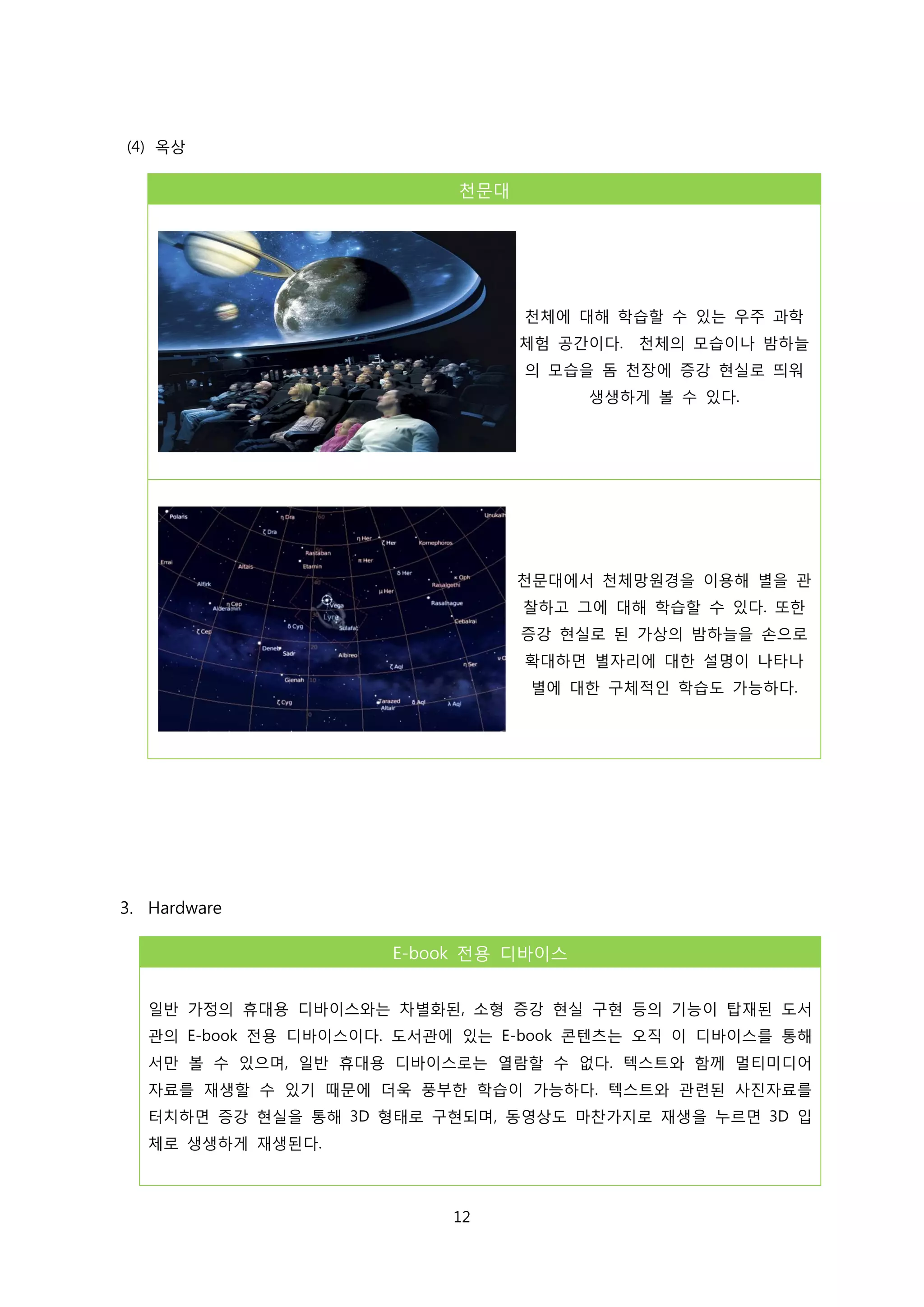 (4) 옥상

천문대

천체에 대해 학습할 수 있는 우주 과학
체험 공간이다.

천체의 모습이나 밤하늘

의 모습을 돔 천장에 증강 현실로 띄워
생생하게 볼 수 있다.

천문대에서 천체망원경을 이용해 별을 관
찰하고 그에 대해 학습할 수 있다. 또한
증강 현실로 된 가상의 밤하늘을 손으로
확대하면 별자리에 대한 설명이 나타나
별에 대한 구체적인 학습도 가능하다.

3. Hardware
E-book 전용 디바이스
일반 가정의 휴대용 디바이스와는 차별화된, 소형 증강 현실 구현 등의 기능이 탑재된 도서
관의 E-book 전용 디바이스이다. 도서관에 있는 E-book 콘텐츠는 오직 이 디바이스를 통해
서만 볼 수 있으며, 일반 휴대용 디바이스로는 열람할 수 없다. 텍스트와 함께 멀티미디어
자료를 재생할 수 있기 때문에 더욱 풍부한 학습이 가능하다. 텍스트와 관련된 사진자료를
터치하면 증강 현실을 통해 3D 형태로 구현되며, 동영상도 마찬가지로 재생을 누르면 3D 입
체로 생생하게 재생된다.

12

 
