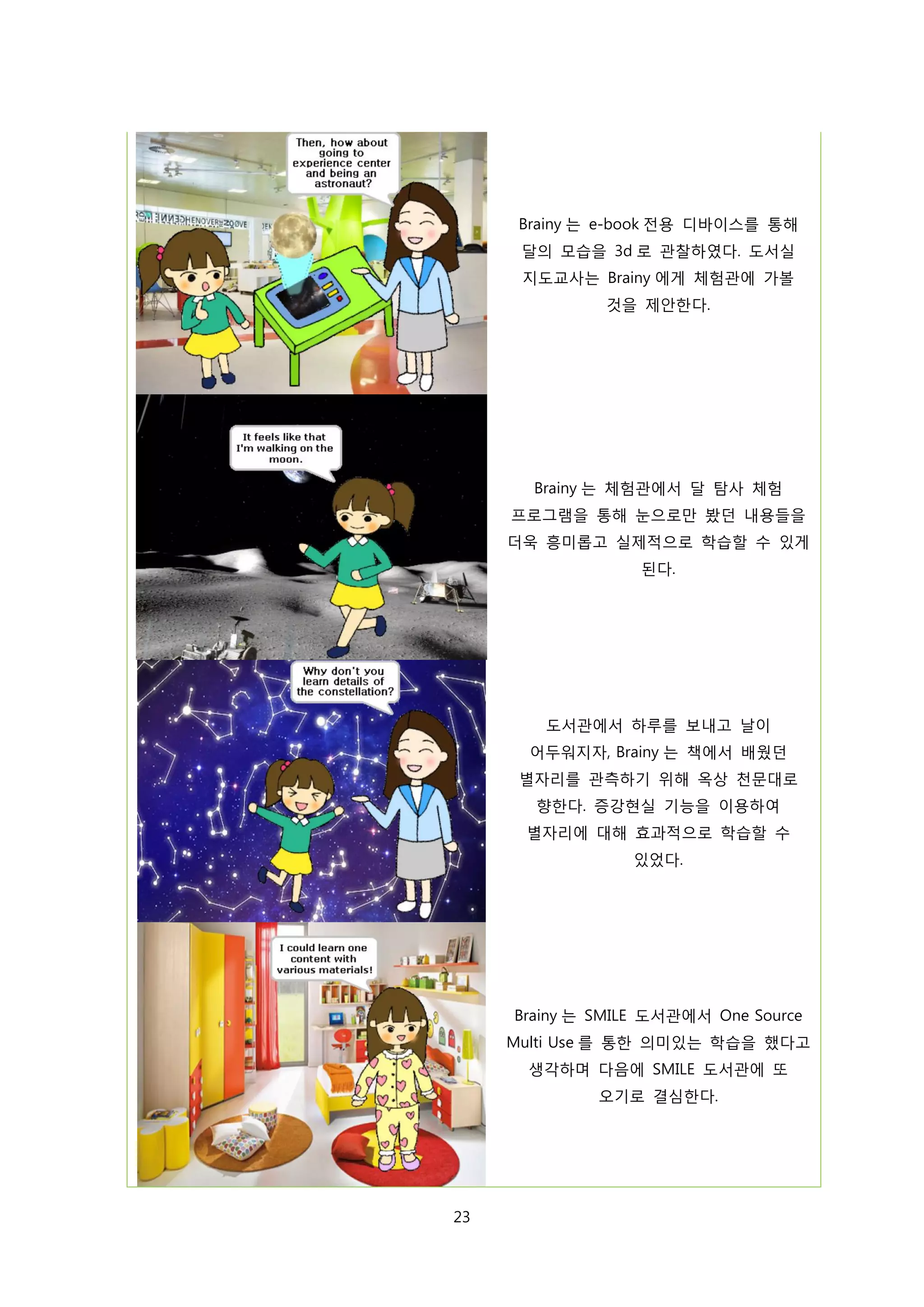 Brainy 는 e-book 전용 디바이스를 통해
달의 모습을 3d 로 관찰하였다. 도서실
지도교사는 Brainy 에게 체험관에 가볼
것을 제안한다.

Brainy 는 체험관에서 달 탐사 체험
프로그램을 통해 눈으로만 봤던 내용들을
더욱 흥미롭고 실제적으로 학습할 수 있게
된다.

도서관에서 하루를 보내고 날이
어두워지자, Brainy 는 책에서 배웠던
별자리를 관측하기 위해 옥상 천문대로
향한다. 증강현실 기능을 이용하여
별자리에 대해 효과적으로 학습할 수
있었다.

Brainy 는 SMILE 도서관에서 One Source
Multi Use 를 통한 의미있는 학습을 했다고
생각하며 다음에 SMILE 도서관에 또
오기로 결심한다.

23

 