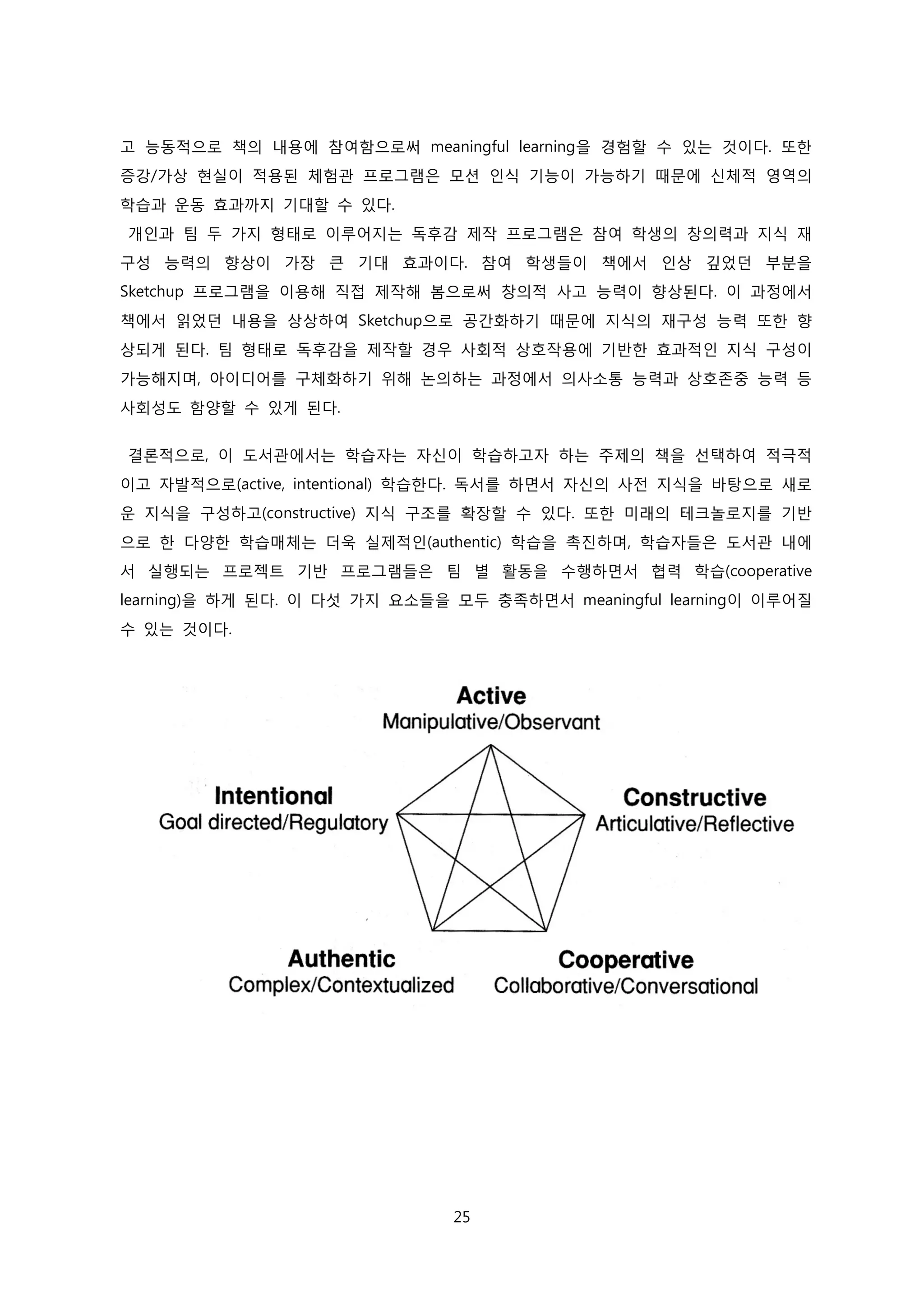 고 능동적으로 책의 내용에 참여함으로써 meaningful learning을 경험할 수 있는 것이다. 또한
증강/가상 현실이 적용된 체험관 프로그램은 모션 인식 기능이 가능하기 때문에 신체적 영역의
학습과 운동 효과까지 기대할 수 있다.
개인과 팀 두 가지 형태로 이루어지는 독후감 제작 프로그램은 참여 학생의 창의력과 지식 재
구성 능력의 향상이 가장 큰 기대 효과이다. 참여 학생들이 책에서 인상 깊었던 부분을
Sketchup 프로그램을 이용해 직접 제작해 봄으로써 창의적 사고 능력이 향상된다. 이 과정에서
책에서 읽었던 내용을 상상하여 Sketchup으로 공간화하기 때문에 지식의 재구성 능력 또한 향
상되게 된다. 팀 형태로 독후감을 제작할 경우 사회적 상호작용에 기반한 효과적인 지식 구성이
가능해지며, 아이디어를 구체화하기 위해 논의하는 과정에서 의사소통 능력과 상호존중 능력 등
사회성도 함양할 수 있게 된다.
결론적으로, 이 도서관에서는 학습자는 자신이 학습하고자 하는 주제의 책을 선택하여 적극적
이고 자발적으로(active, intentional) 학습한다. 독서를 하면서 자신의 사전 지식을 바탕으로 새로
운 지식을 구성하고(constructive) 지식 구조를 확장할 수 있다. 또한 미래의 테크놀로지를 기반
으로 한 다양한 학습매체는 더욱 실제적인(authentic) 학습을 촉진하며, 학습자들은 도서관 내에
서 실행되는 프로젝트 기반 프로그램들은 팀 별 활동을 수행하면서 협력 학습(cooperative
learning)을 하게 된다. 이 다섯 가지 요소들을 모두 충족하면서 meaningful learning이 이루어질
수 있는 것이다.

25

 