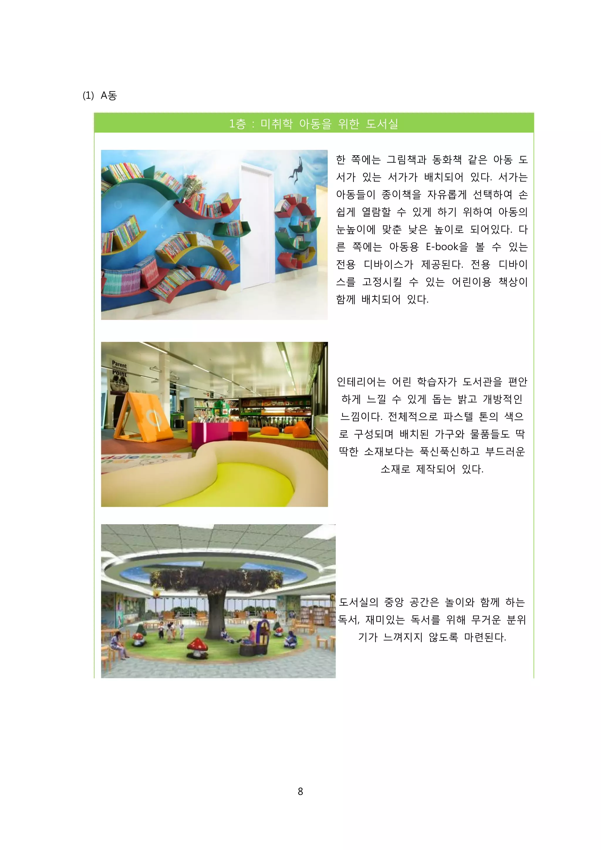 (1) A동

1층 : 미취학 아동을 위한 도서실
한 쪽에는 그림책과 동화책 같은 아동 도
서가 있는 서가가 배치되어 있다. 서가는
아동들이 종이책을 자유롭게 선택하여 손
쉽게 열람할 수 있게 하기 위하여 아동의
눈높이에 맞춘 낮은 높이로 되어있다. 다
른 쪽에는 아동용 E-book을 볼 수 있는
전용 디바이스가 제공된다. 전용 디바이
스를 고정시킬 수 있는 어린이용 책상이
함께 배치되어 있다.

인테리어는 어린 학습자가 도서관을 편안
하게 느낄 수 있게 돕는 밝고 개방적인
느낌이다. 전체적으로 파스텔 톤의 색으
로 구성되며 배치된 가구와 물품들도 딱
딱한 소재보다는 푹신푹신하고 부드러운
소재로 제작되어 있다.

도서실의 중앙 공간은 놀이와 함께 하는
독서, 재미있는 독서를 위해 무거운 분위
기가 느껴지지 않도록 마련된다.

8

 