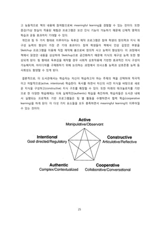 고 능동적으로 책의 내용에 참여함으로써 meaningful learning을 경험할 수 있는 것이다. 또한
증강/가상 현실이 적용된 체험관 프로그램은 모션 인식 기능이 가능하기 때문에 신체적 영역의
학습과 운동 효과까지 기대할 수 있다.
개인과 팀 두 가지 형태로 이루어지는 독후감 제작 프로그램은 참여 학생의 창의력과 지식 재
구성 능력의 향상이 가장 큰 기대 효과이다. 참여 학생들이 책에서 인상 깊었던 부분을
Sketchup 프로그램을 이용해 직접 제작해 봄으로써 창의적 사고 능력이 향상된다. 이 과정에서
책에서 읽었던 내용을 상상하여 Sketchup으로 공간화하기 때문에 지식의 재구성 능력 또한 향
상되게 된다. 팀 형태로 독후감을 제작할 경우 사회적 상호작용에 기반한 효과적인 지식 구성이
가능해지며, 아이디어를 구체화하기 위해 논의하는 과정에서 의사소통 능력과 상호존중 능력 등
사회성도 함양할 수 있게 된다.
결론적으로, 이 도서관에서는 학습자는 자신이 학습하고자 하는 주제의 책을 선택하여 적극적
이고 자발적으로(active, intentional) 학습한다. 독서를 하면서 자신의 사전 지식을 바탕으로 새로
운 지식을 구성하고(constructive) 지식 구조를 확장할 수 있다. 또한 미래의 테크놀로지를 기반
으로 한 다양한 학습매체는 더욱 실제적인(authentic) 학습을 촉진하며, 학습자들은 도서관 내에
서 실행되는 프로젝트 기반 프로그램들은 팀 별 활동을 수행하면서 협력 학습(cooperative
learning)을 하게 된다. 이 다섯 가지 요소들을 모두 충족하면서 meaningful learning이 이루어질
수 있는 것이다.

25

 