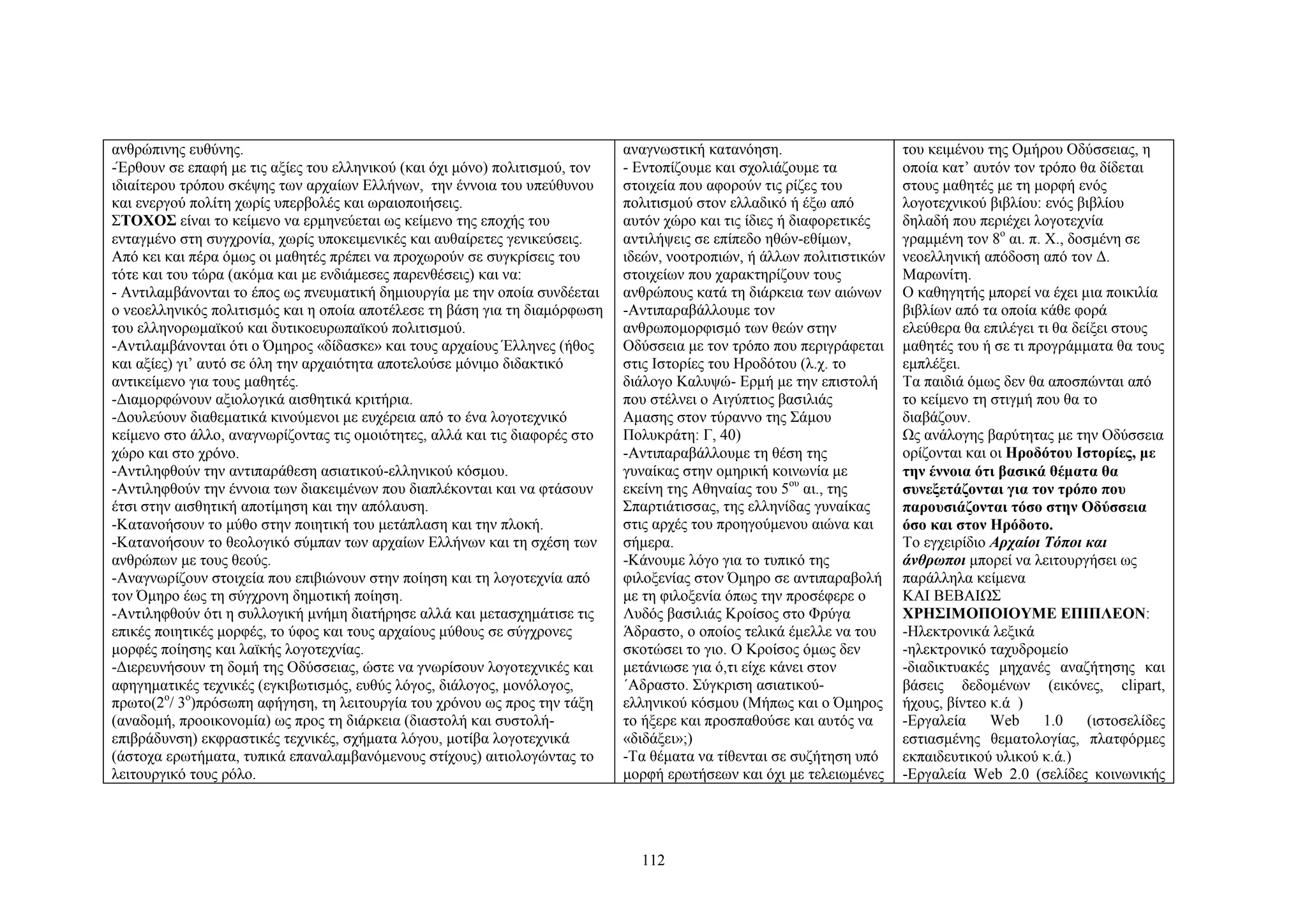 ανθρώπινης ευθύνης.
-Έρθουν σε επαφή με τις αξίες του ελληνικού (και όχι μόνο) πολιτισμού, τον
ιδιαίτερου τρόπου σκέψης των αρχαίων Ελλήνων, την έννοια του υπεύθυνου
και ενεργού πολίτη χωρίς υπερβολές και ωραιοποιήσεις.
ΣΤΟΧΟΣ είναι το κείμενο να ερμηνεύεται ως κείμενο της εποχής του
ενταγμένο στη συγχρονία, χωρίς υποκειμενικές και αυθαίρετες γενικεύσεις.
Από κει και πέρα όμως οι μαθητές πρέπει να προχωρούν σε συγκρίσεις του
τότε και του τώρα (ακόμα και με ενδιάμεσες παρενθέσεις) και να:
- Αντιλαμβάνονται το έπος ως πνευματική δημιουργία με την οποία συνδέεται
ο νεοελληνικός πολιτισμός και η οποία αποτέλεσε τη βάση για τη διαμόρφωση
του ελληνορωμαϊκού και δυτικοευρωπαϊκού πολιτισμού.
-Αντιλαμβάνονται ότι ο Όμηρος «δίδασκε» και τους αρχαίους Έλληνες (ήθος
και αξίες) γι’ αυτό σε όλη την αρχαιότητα αποτελούσε μόνιμο διδακτικό
αντικείμενο για τους μαθητές.
-Διαμορφώνουν αξιολογικά αισθητικά κριτήρια.
-Δουλεύουν διαθεματικά κινούμενοι με ευχέρεια από το ένα λογοτεχνικό
κείμενο στο άλλο, αναγνωρίζοντας τις ομοιότητες, αλλά και τις διαφορές στο
χώρο και στο χρόνο.
-Αντιληφθούν την αντιπαράθεση ασιατικού-ελληνικού κόσμου.
-Αντιληφθούν την έννοια των διακειμένων που διαπλέκονται και να φτάσουν
έτσι στην αισθητική αποτίμηση και την απόλαυση.
-Κατανοήσουν το μύθο στην ποιητική του μετάπλαση και την πλοκή.
-Κατανοήσουν το θεολογικό σύμπαν των αρχαίων Ελλήνων και τη σχέση των
ανθρώπων με τους θεούς.
-Αναγνωρίζουν στοιχεία που επιβιώνουν στην ποίηση και τη λογοτεχνία από
τον Όμηρο έως τη σύγχρονη δημοτική ποίηση.
-Αντιληφθούν ότι η συλλογική μνήμη διατήρησε αλλά και μετασχημάτισε τις
επικές ποιητικές μορφές, το ύφος και τους αρχαίους μύθους σε σύγχρονες
μορφές ποίησης και λαϊκής λογοτεχνίας.
-Διερευνήσουν τη δομή της Οδύσσειας, ώστε να γνωρίσουν λογοτεχνικές και
αφηγηματικές τεχνικές (εγκιβωτισμός, ευθύς λόγος, διάλογος, μονόλογος,
πρωτο(2ο/ 3ο)πρόσωπη αφήγηση, τη λειτουργία του χρόνου ως προς την τάξη
(αναδομή, προοικονομία) ως προς τη διάρκεια (διαστολή και συστολήεπιβράδυνση) εκφραστικές τεχνικές, σχήματα λόγου, μοτίβα λογοτεχνικά
(άστοχα ερωτήματα, τυπικά επαναλαμβανόμενους στίχους) αιτιολογώντας το
λειτουργικό τους ρόλο.

αναγνωστική κατανόηση.
- Εντοπίζουμε και σχολιάζουμε τα
στοιχεία που αφορούν τις ρίζες του
πολιτισμού στον ελλαδικό ή έξω από
αυτόν χώρο και τις ίδιες ή διαφορετικές
αντιλήψεις σε επίπεδο ηθών-εθίμων,
ιδεών, νοοτροπιών, ή άλλων πολιτιστικών
στοιχείων που χαρακτηρίζουν τους
ανθρώπους κατά τη διάρκεια των αιώνων
-Αντιπαραβάλλουμε τον
ανθρωπομορφισμό των θεών στην
Οδύσσεια με τον τρόπο που περιγράφεται
στις Ιστορίες του Ηροδότου (λ.χ. το
διάλογο Καλυψώ- Ερμή με την επιστολή
που στέλνει ο Αιγύπτιος βασιλιάς
Αμασης στον τύραννο της Σάμου
Πολυκράτη: Γ, 40)
-Αντιπαραβάλλουμε τη θέση της
γυναίκας στην ομηρική κοινωνία με
εκείνη της Αθηναίας του 5ου αι., της
Σπαρτιάτισσας, της ελληνίδας γυναίκας
στις αρχές του προηγούμενου αιώνα και
σήμερα.
-Κάνουμε λόγο για το τυπικό της
φιλοξενίας στον Όμηρο σε αντιπαραβολή
με τη φιλοξενία όπως την προσέφερε ο
Λυδός βασιλιάς Κροίσος στο Φρύγα
Άδραστο, ο οποίος τελικά έμελλε να του
σκοτώσει το γιο. Ο Κροίσος όμως δεν
μετάνιωσε για ό,τι είχε κάνει στον
΄Αδραστο. Σύγκριση ασιατικούελληνικού κόσμου (Μήπως και ο Όμηρος
το ήξερε και προσπαθούσε και αυτός να
«διδάξει»;)
-Τα θέματα να τίθενται σε συζήτηση υπό
μορφή ερωτήσεων και όχι με τελειωμένες

112

του κειμένου της Ομήρου Οδύσσειας, η
οποία κατ’ αυτόν τον τρόπο θα δίδεται
στους μαθητές με τη μορφή ενός
λογοτεχνικού βιβλίου: ενός βιβλίου
δηλαδή που περιέχει λογοτεχνία
γραμμένη τον 8ο αι. π. Χ., δοσμένη σε
νεοελληνική απόδοση από τον Δ.
Μαρωνίτη.
Ο καθηγητής μπορεί να έχει μια ποικιλία
βιβλίων από τα οποία κάθε φορά
ελεύθερα θα επιλέγει τι θα δείξει στους
μαθητές του ή σε τι προγράμματα θα τους
εμπλέξει.
Τα παιδιά όμως δεν θα αποσπώνται από
το κείμενο τη στιγμή που θα το
διαβάζουν.
Ως ανάλογης βαρύτητας με την Οδύσσεια
ορίζονται και οι Ηροδότου Ιστορίες, με
την έννοια ότι βασικά θέματα θα
συνεξετάζονται για τον τρόπο που
παρουσιάζονται τόσο στην Οδύσσεια
όσο και στον Ηρόδοτο.
Το εγχειρίδιο Αρχαίοι Τόποι και
άνθρωποι μπορεί να λειτουργήσει ως
παράλληλα κείμενα
ΚΑΙ ΒΕΒΑΙΩΣ
ΧΡΗΣΙΜΟΠΟΙΟΥΜΕ ΕΠΙΠΛΕΟΝ:
-Ηλεκτρονικά λεξικά
-ηλεκτρονικό ταχυδρομείο
-διαδικτυακές μηχανές αναζήτησης και
βάσεις δεδομένων (εικόνες, clipart,
ήχους, βίντεο κ.ά )
-Εργαλεία
Web
1.0
(ιστοσελίδες
εστιασμένης θεματολογίας, πλατφόρμες
εκπαιδευτικού υλικού κ.ά.)
-Εργαλεία Web 2.0 (σελίδες κοινωνικής

 