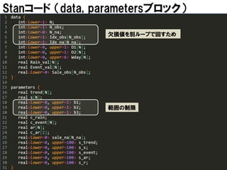 Stanコード （data, parametersブロック）
欠損値を別ループで回すため

範囲の制限

 