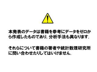 本発表のデータは書籍を参考にデータをゼロか
ら作成したものであり, 分析手法も異なります.
それらについて書籍の著者や統計数理研究所
に問い合わせたりしてはいけません.

 